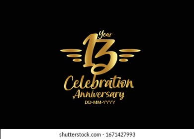 13 year anniversary gold colors on black background  with triple small stripes on left and right- vector 