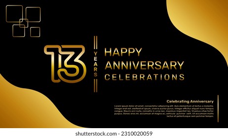 13 year anniversary logo design with a double line concept in gold color, logo vector template illustration