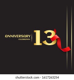 13 year anniversary logo template on black background. golden numbers with red ribbon vector