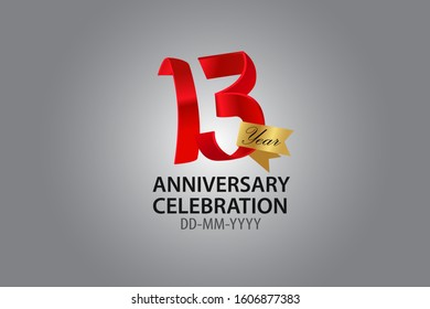 13 Year Anniversary Red Color Ribbon style with Golden Ribbon Color on Grey Background, For Invitation, banner, ads, greeting card - Vector