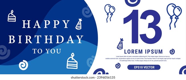 13 year celebration Creative Happy Birthday Text. Blue color decorative banner design, Vector illustration.