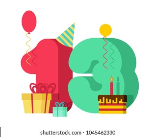 13 year greeting card Birthday. 13th anniversary celebration Template. thirteen number and festive piece of cake with candle. Balloon and Gift box.