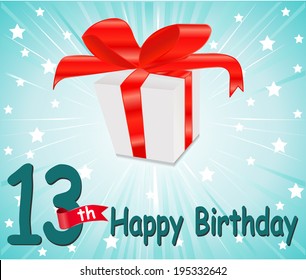 13 year Happy Birthday Card with gift and colorful background in vector EPS10