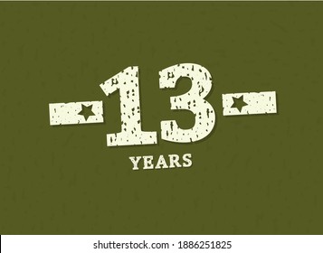 13 years anniversary with badge military, grunge pattern. Army design with star on green camouflage background. Vector perfect for any military labels, posters and armed force etc.