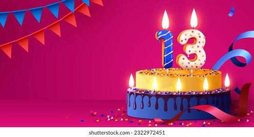 13 years anniversary. Cake with burning candles and confetti. Birthday banner. Vector illustration