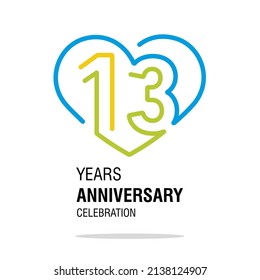 13 years anniversary celebration decoration colorful number bounded by a loving heart modern love line design logo icon white background