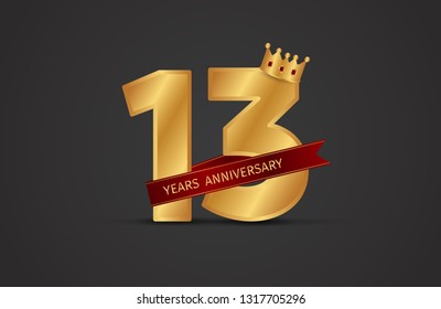 13 years anniversary celebration with elegant golden color, red ribbon and dark background, design for anniversary celebration. Eps10 vector