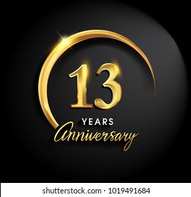 13 years anniversary celebration. Anniversary logo with ring and elegance golden color isolated on black background, vector design for celebration, invitation card, and greeting card