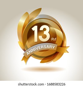 13 years anniversary celebration. Anniversary logo with ring and elegance golden color, for celebration, invitation card, and greeting card