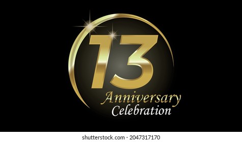 13  years anniversary celebration. Anniversary logo with ring in golden color isolated on black background with golden light, vector design for celebration, invitation card and greeting card