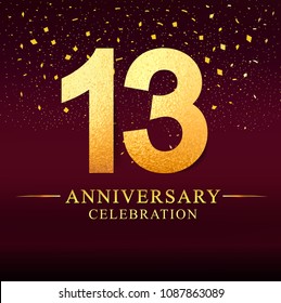 13 years anniversary celebration logotype. Anniversary logo with golden on dark pink background, vector design for invitation card, greeting card.