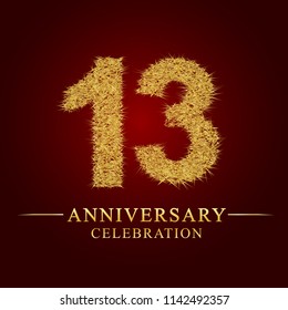 13 years anniversary celebration logotype. Logo gold pile of dry rice on red background. Number nest and fuzz gold foil.