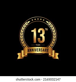 13 years anniversary celebration logotype with golden laurel and wreath, for booklet, leaflet, magazine, brochure poster, banner, web, invitation or greeting card. Vector illustrations.