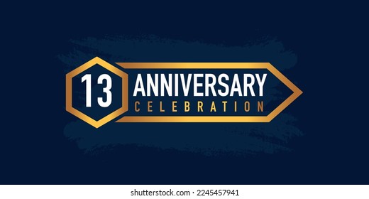 13 years anniversary celebration logotype colored with gold color and isolated on blue background
