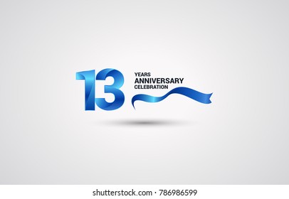 13 Years Anniversary celebration logotype colored with shiny blue, using ribbon and isolated on white background