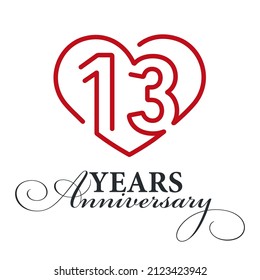 13 years anniversary celebration number thirteen bounded by a loving heart red modern love line design logo icon white background