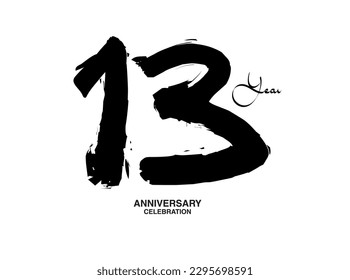 Plantilla vectora de celebración de 13 años, diseño de logo de 13 números, cumpleaños 13, números de letras negras pincel dibujo dibujo a mano, número negro, ilustración vectorial de aniversario