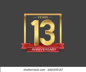 13 years anniversary design logotype golden color with square and red ribbon for celebration event isolated on black background