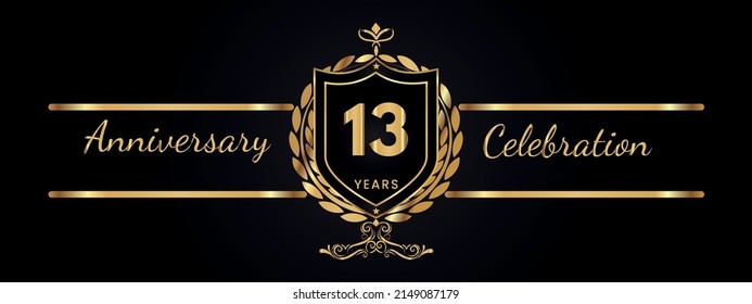 13 years anniversary golden laurel wreath. Anniversary celebration template design for booklet, leaflet, magazine, birthday party, banner, web, greeting card.