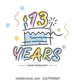 13 años Aniversario tipografía escrita a mano tarjeta de saludo con colorida torta grande, fuegos artificiales, número, velas y confetti