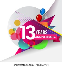 13 Years Anniversary logo with balloon and colorful geometric background, vector design template elements for your birthday celebration.