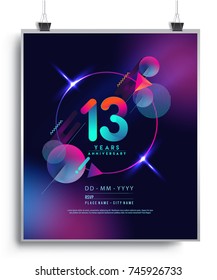 13 Years Anniversary Logo with Colorful Galactic background, Vector Design Template Elements for Invitation Card and Poster Your Birthday Celebration.