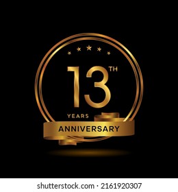 13 years anniversary logo with gold color and ribbon for booklet, leaflet, magazine, brochure poster, banner, web, invitation or greeting card. Vector illustrations.