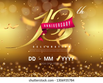 13 years anniversary logo template on gold background. 13th celebrating golden numbers with red ribbon vector and confetti isolated design elements
