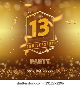 13 years anniversary logo template on gold background. 13th celebrating golden numbers with red ribbon vector and confetti isolated design elements