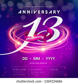 13 years anniversary logo template on purple Abstract futuristic space background. 13th modern technology design celebrating numbers with Hi-tech network digital technology concept design elements.