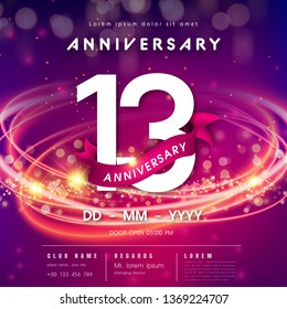 13 years anniversary logo template on purple Abstract futuristic space background. 13th modern technology design celebrating numbers with Hi-tech network digital technology concept design elements.