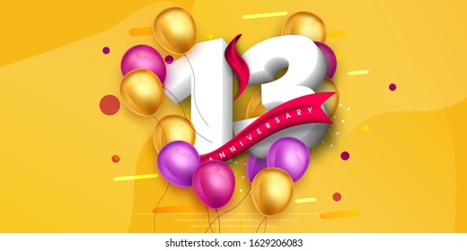 13 years anniversary logo template design on yellow background and balloons. 13th anniversary celebration background with red ribbon and balloons. Party poster, brochure template. Vector illustration.