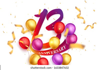 13 years anniversary logo template design on white background and balloons. 13th anniversary celebration background with red ribbon and balloons. Party poster or brochure template.