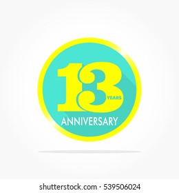 13 years anniversary logo vector on flat design blue circle with yellow number and gradient yellow frame with shadow effect