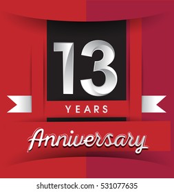 13 years anniversary logo with white ribbon isolated on red background, flat design style, Vector template elements for birthday celebration.