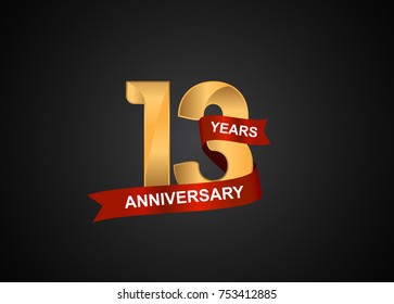13 years anniversary logotype with elegance gold color and warp red ribbon