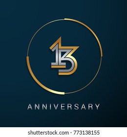 13 Years Anniversary Logotype with  Gold and Silver Multi Linear Number in a Golden Circle , Isolated on Dark Background