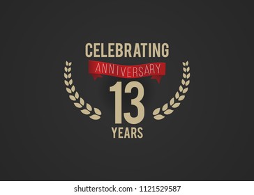 13 Years Anniversary logotype with golden colored font numbers, with ribbon and laurel, isolated on black background for company celebration event, birthday