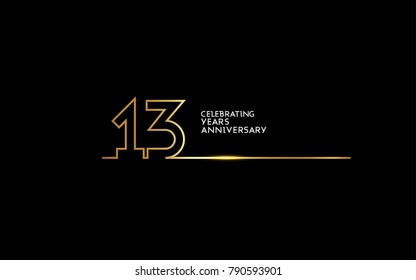 13 Years Anniversary logotype with golden colored font numbers made of one connected line, isolated on black background for company celebration event, birthday