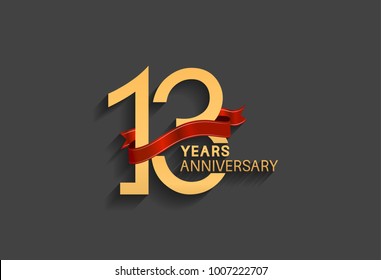 13 years anniversary logotype with red ribbon and golden color for celebration event