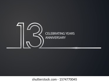 13 Years Anniversary logotype with silver colored font numbers made of one connected line, isolated on black background for company celebration event, birthday - Vector