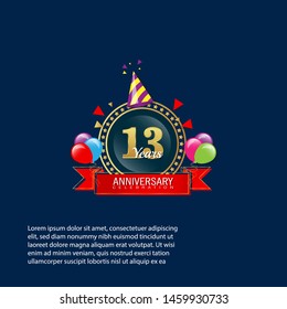 13 years anniversary - modern design celebrating. years anniversary celebration simple logo. ribbon,balloon, gold emblem