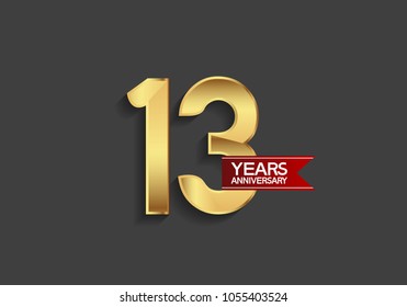13 years anniversary simple design with golden color and red ribbon isolated on black background for celebration event