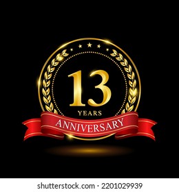 13 Years Anniversary template design, with shiny ring and red ribbon, laurel wreath isolated on black background, logo vector