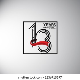 13 years anniversary template flat style with square and red ribbon