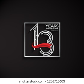 13 years anniversary template with square silver color and red ribbon