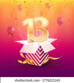 13 years anniversary vector design element. Isolated Thirteen years jubilee with gift box, balloons and confetti on a bright background. 