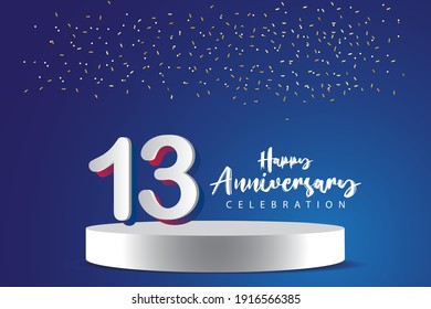 13 Years Anniversary Vector Template Design Illustration. Blue 3d Numbers with podium stage for celebration