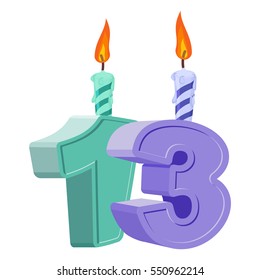 13 years birthday. Number with festive candle for holiday cake. thirteen Anniversary