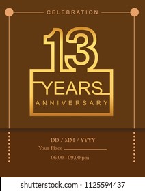 13 years golden anniversary design line style with square golden color for anniversary celebration event.
